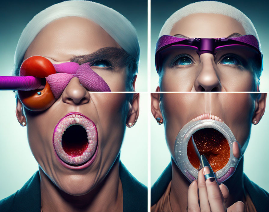 Collage of surreal facial expressions with exaggerated mouths and vibrant makeup