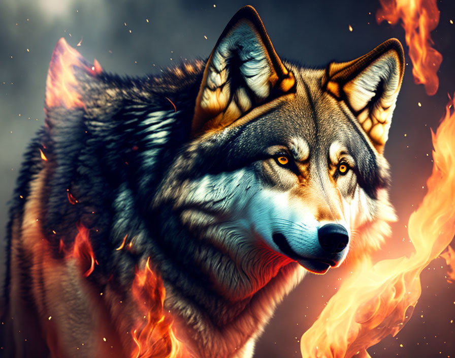 Fiery Wolf Digital Art Illustration with Orange and Yellow Flames