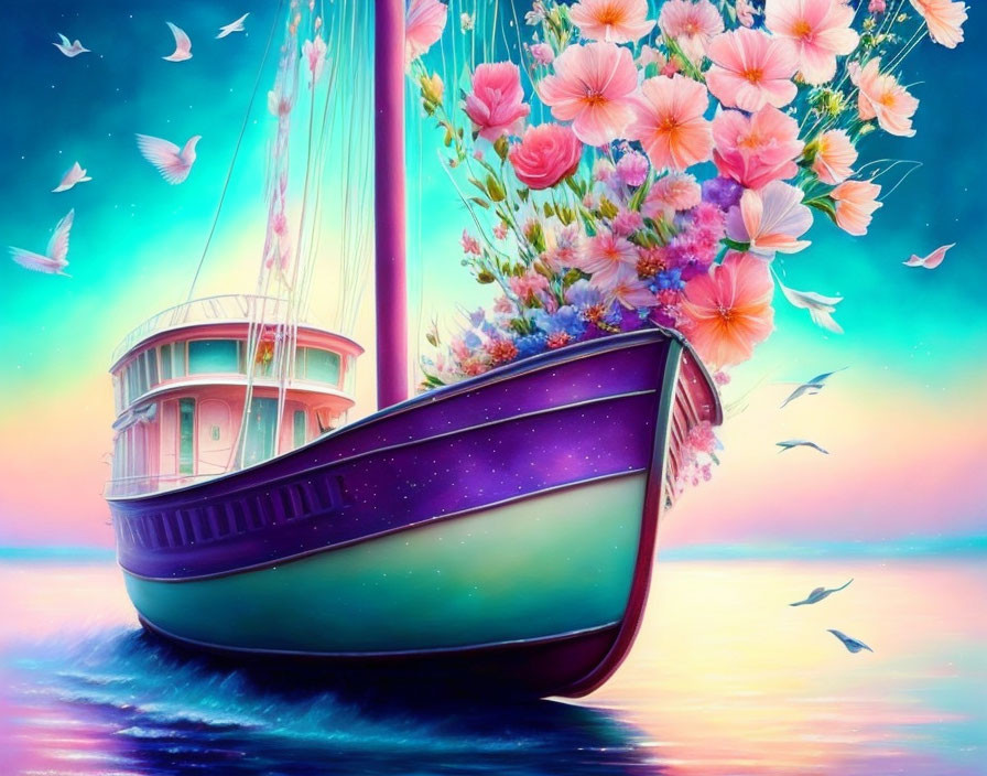 Colorful boat with flowers and butterflies on serene ocean