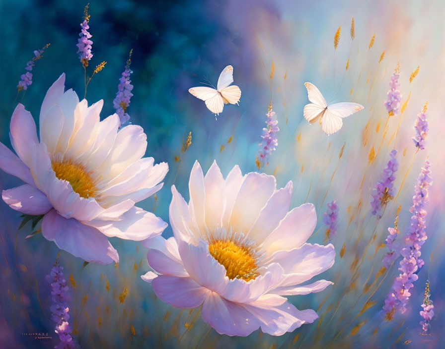 Tranquil painting: white daisies, blue backdrop, purple flowers, golden wheat, white