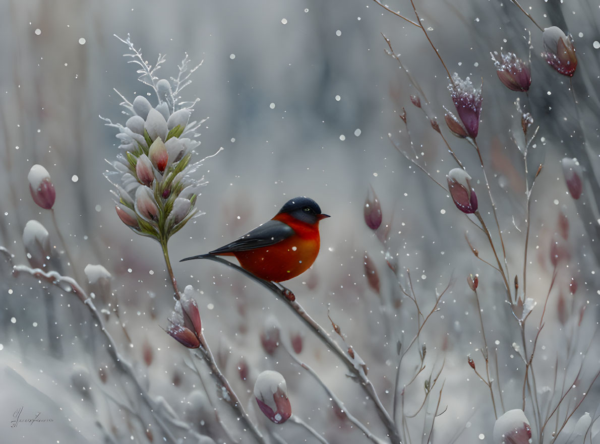 Red and Black Bird on Snowy Branch with Flowers and Berries