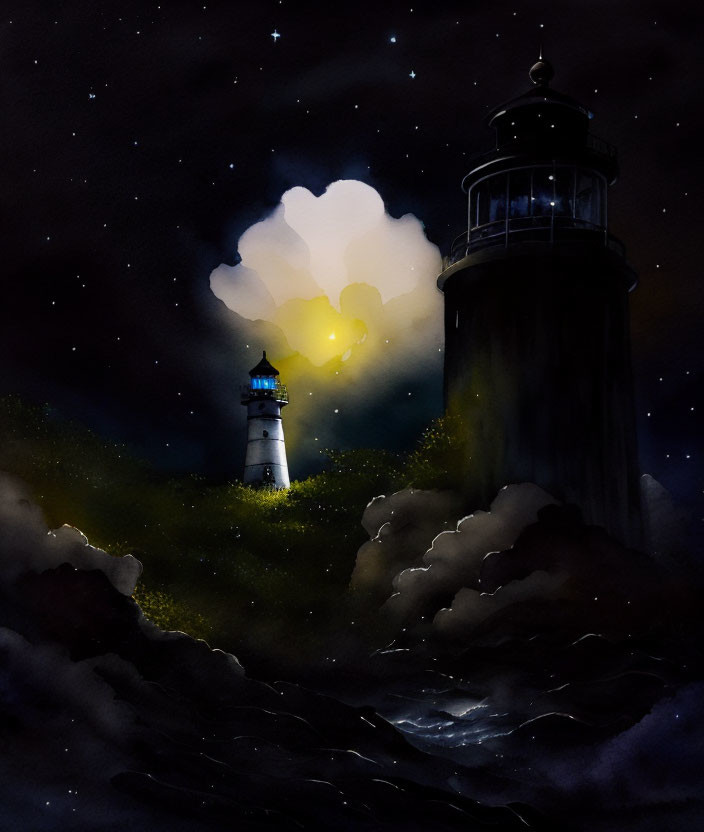 Nighttime painting of lighthouse cutting through dark skies & choppy sea