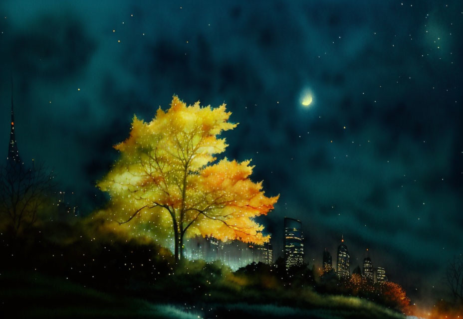 Moonlit autumn tree under starry sky with cityscape in distance