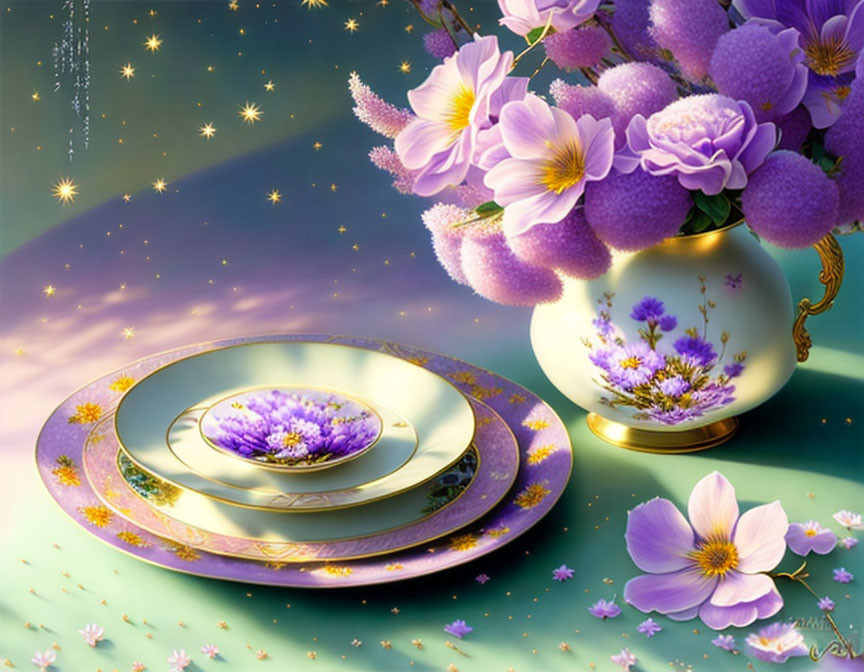 Colorful digital artwork featuring purple flowers in a white vase and decorative plate on reflective surface