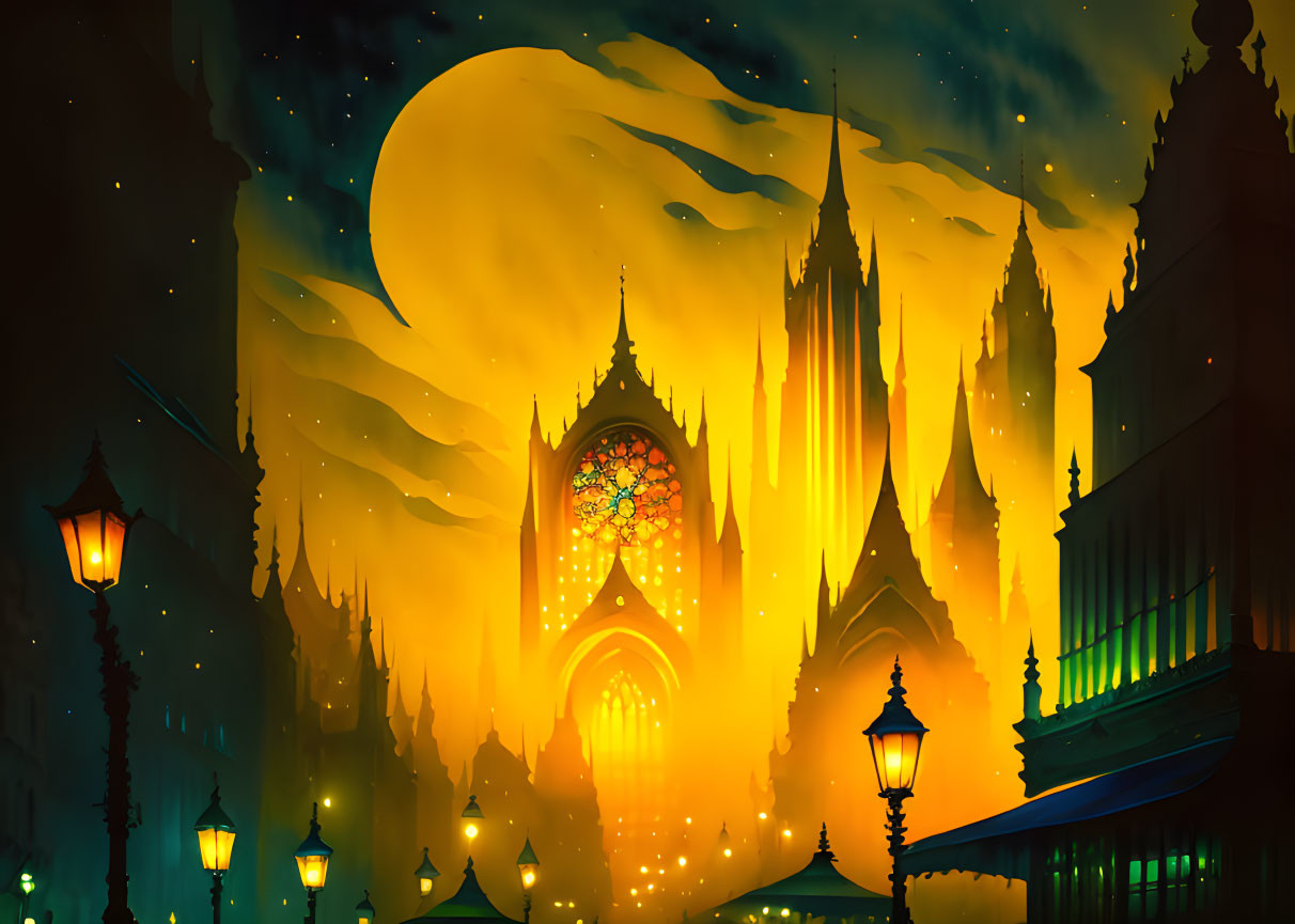 Gothic cathedral with glowing spires under yellow moon