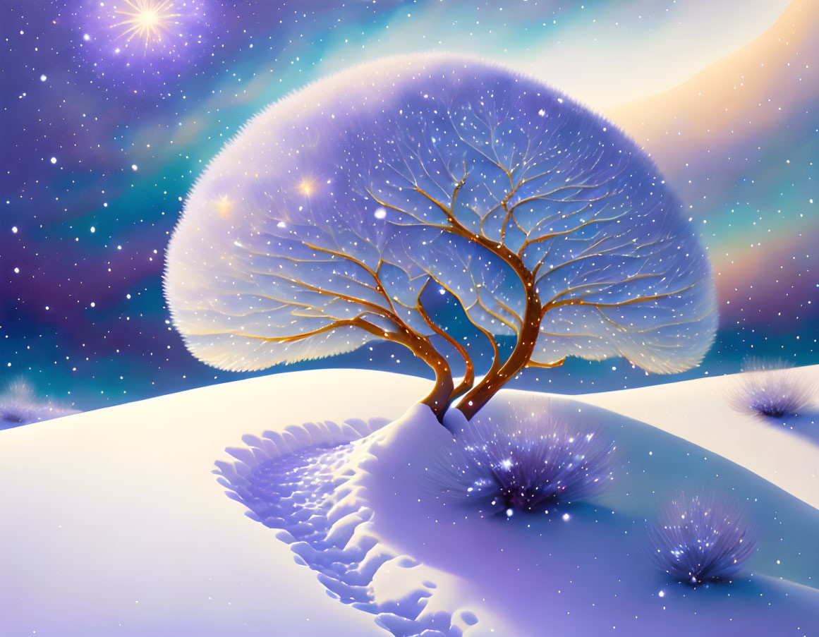 Winter landscape with lone luminous tree on snowy hill surrounded by glowing flowers and starry sky.