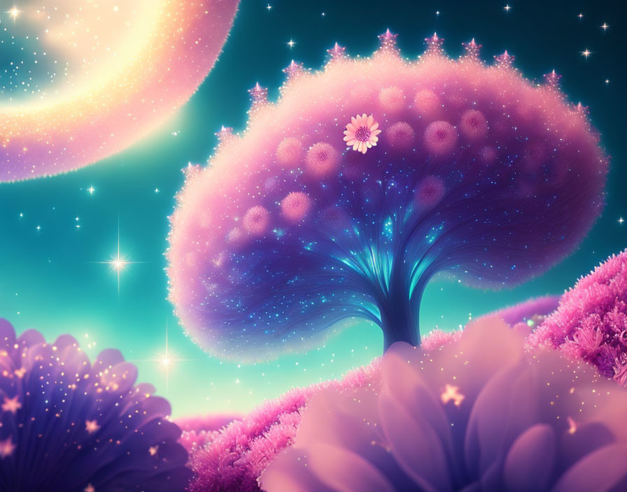 Cosmic tree illustration with starry night sky and pink flora