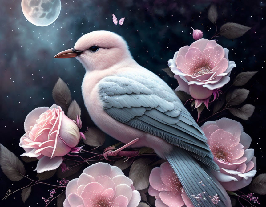 Pale blue bird among pink blossoms under a starry night sky