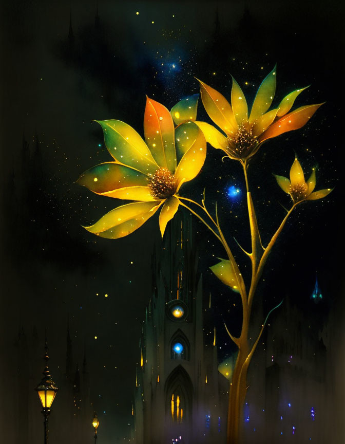 Luminous star-like flowers in gothic night scene