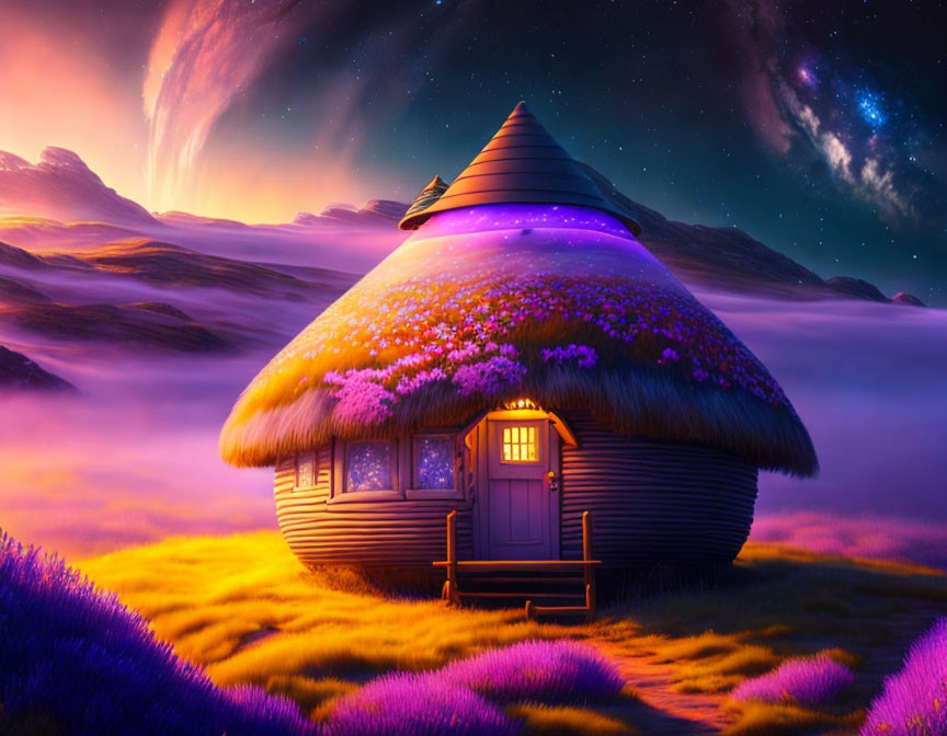 Whimsical cottage with flowering roof in purple fantasy landscape