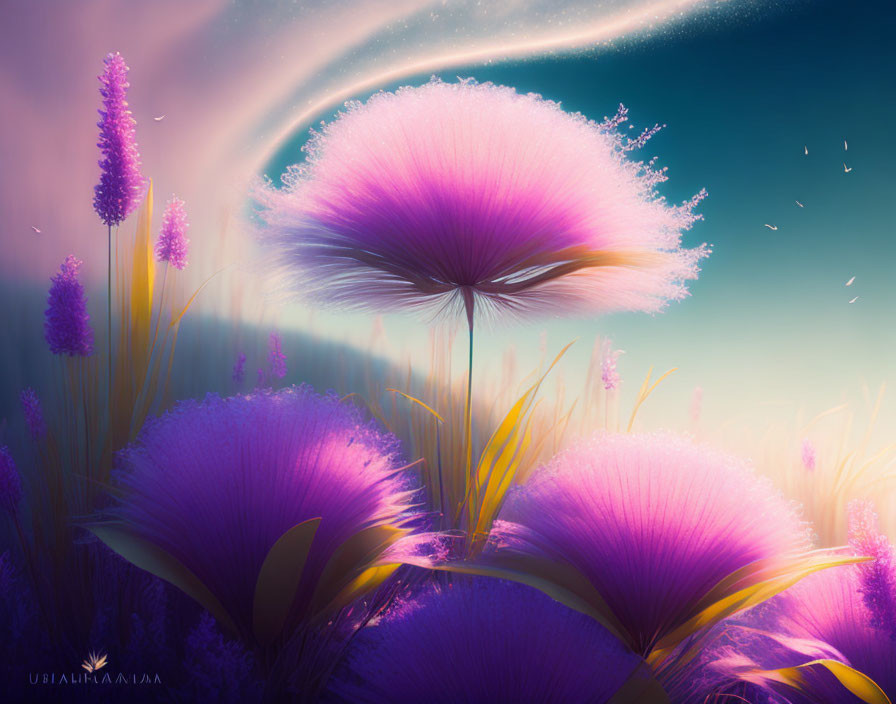 Vibrant purple dandelion-like flowers in fantasy landscape