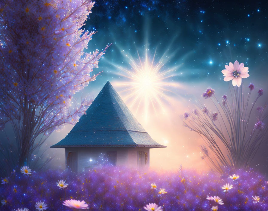 Mystical pyramid structure in vibrant purple flower field under starry sky