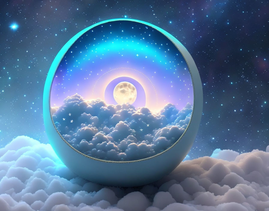 Glowing circular frame with dreamy moonlit clouds and stars