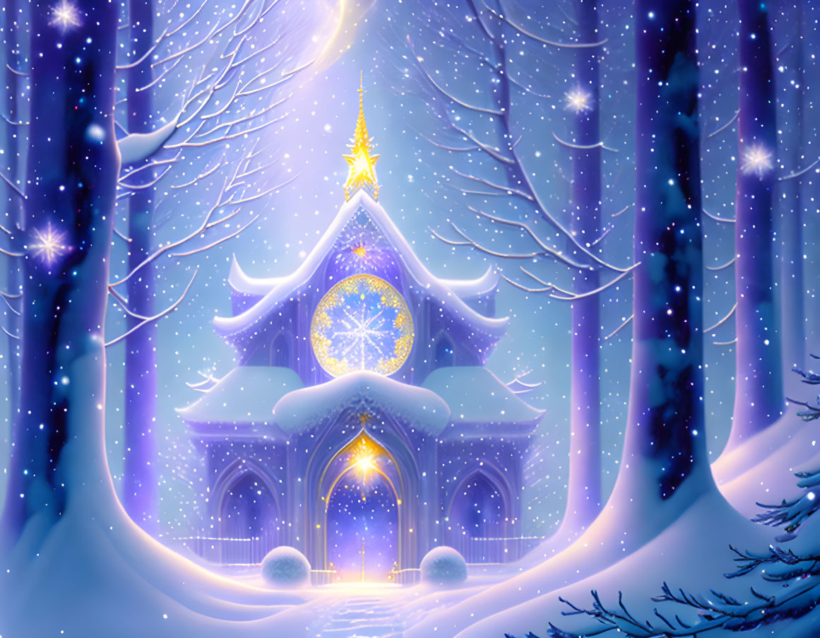 Whimsical castle in snowy forest under starry sky