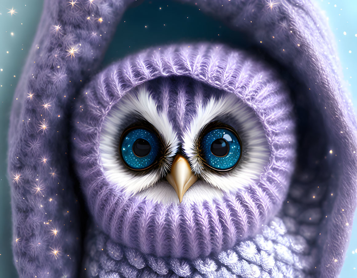 Illustrated owl with sparkling blue eyes in cozy purple knit against starry night sky