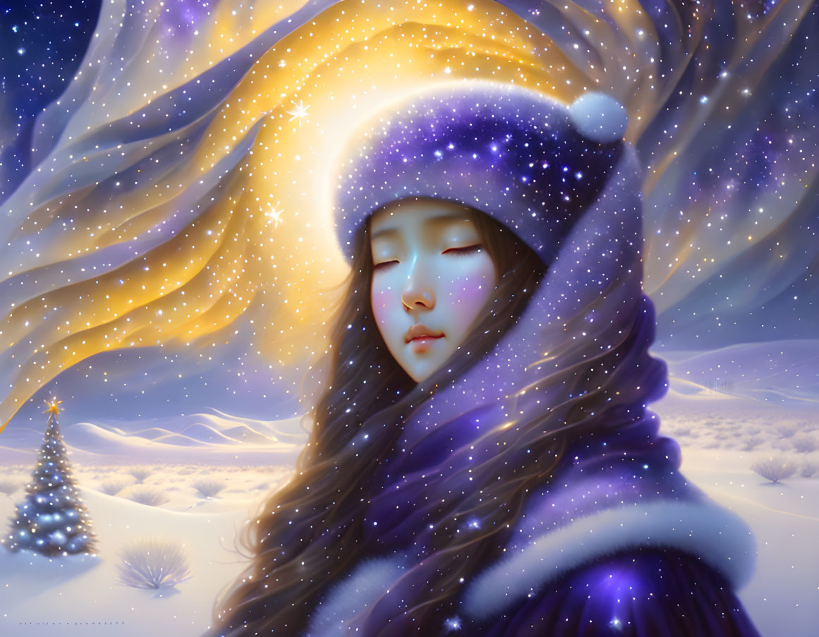 Young girl in winter attire amid magical snowy landscape with glowing tree