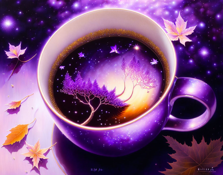 Illustration of coffee cup with starry night sky, purple trees, and floating autumn leaves