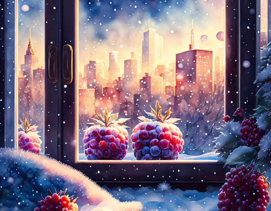 Snow-covered raspberries against city skyline in serene snowfall