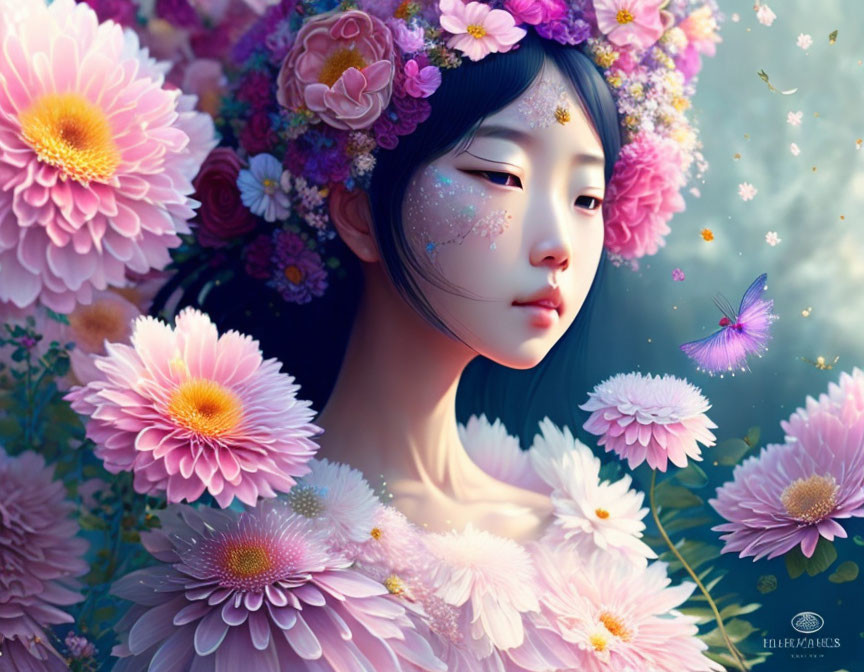 Digital Artwork: Girl with Pink Flowers and Butterflies