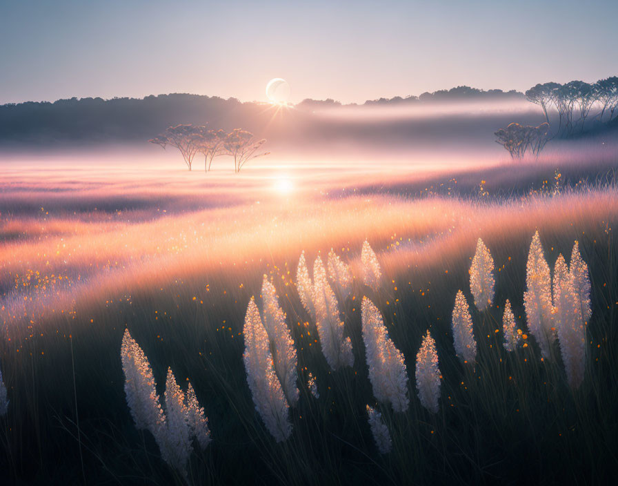 Misty sunrise over dreamy meadow with glowing flowers