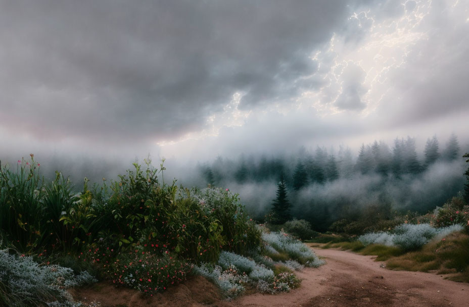 Misty forest scene with dirt path and wildflowers under dramatic sky