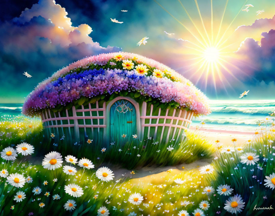 Whimsical painting of cottage with flower-covered roof in sunny meadow