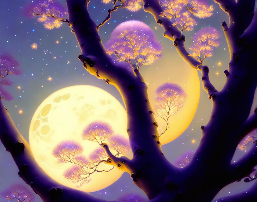 Vibrant purple tree with glowing flowers under yellow moonlit sky