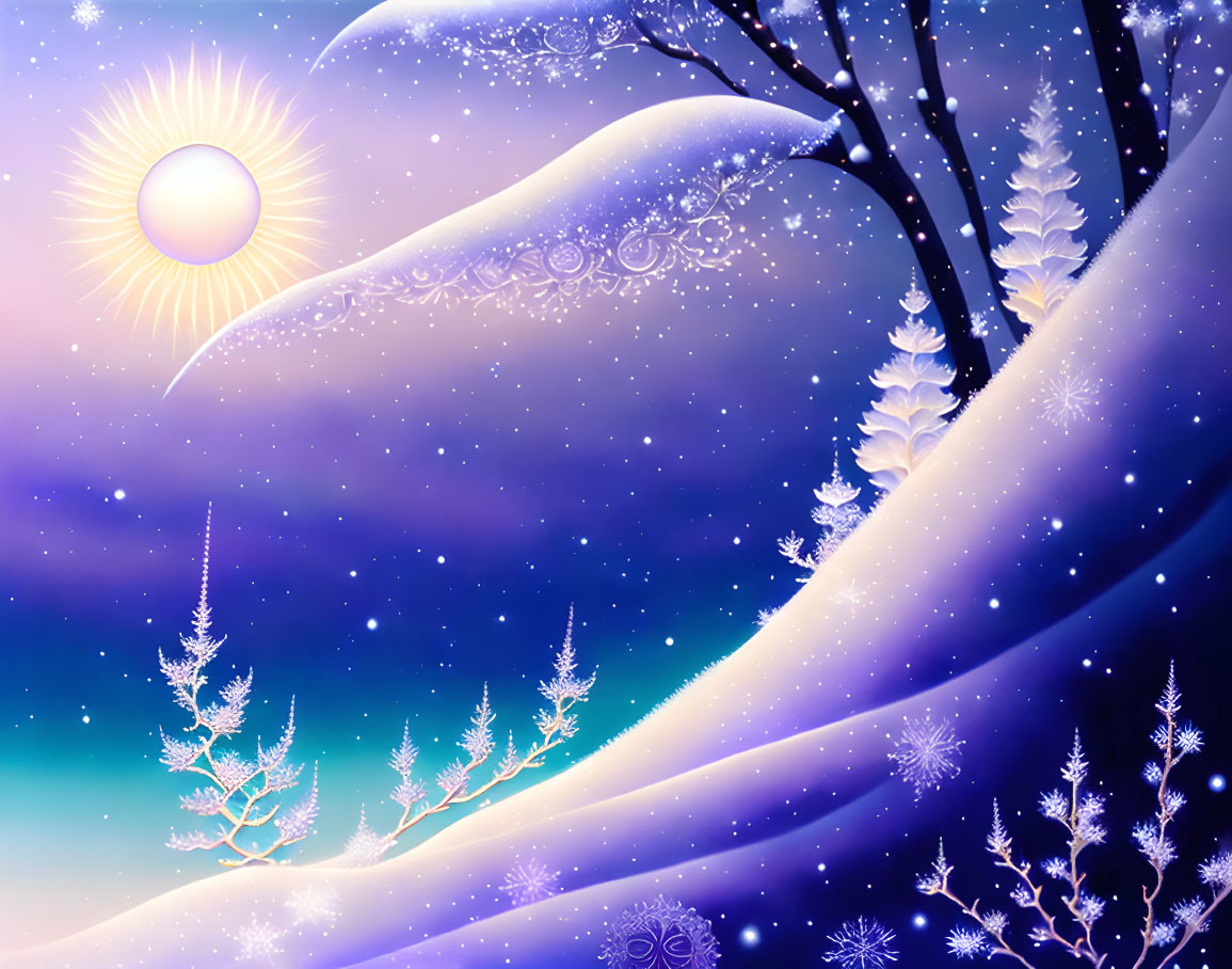 Snow-covered trees under bright sun in purple-blue winter scene