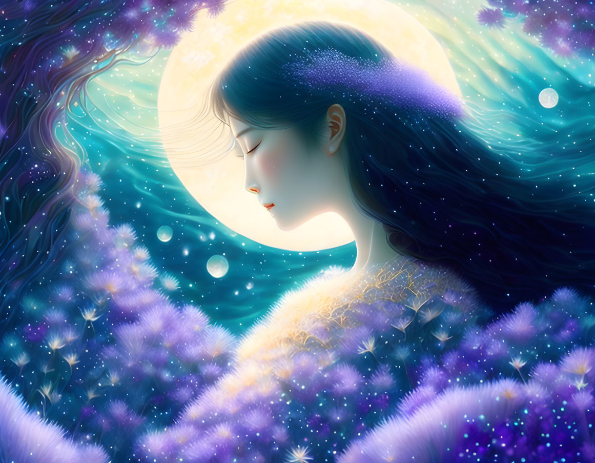 Woman in Tranquil Moonlit Scene with Glowing Flowers