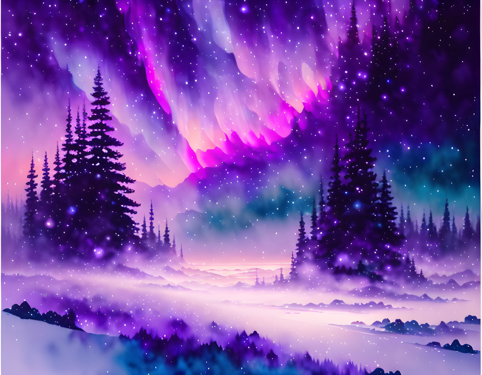 Northern lights painting: Purples and pinks over snowy forest