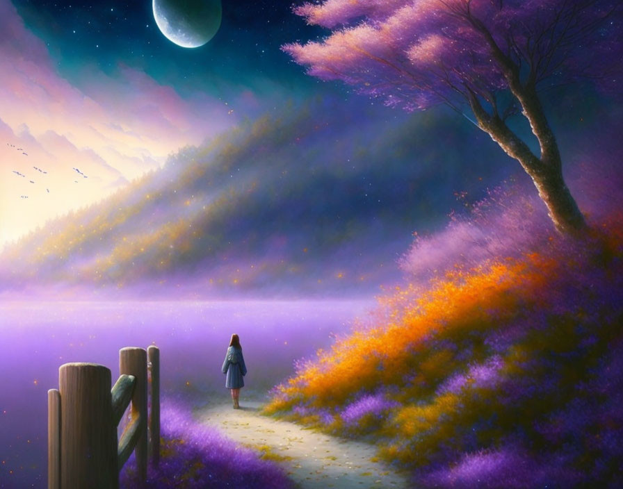 Person standing by purple fence under large moon in twilight landscape