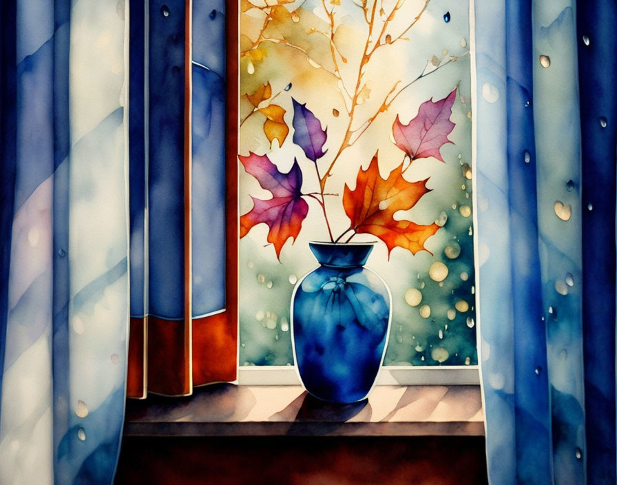 Blue vase with autumn leaves on windowsill in watercolor