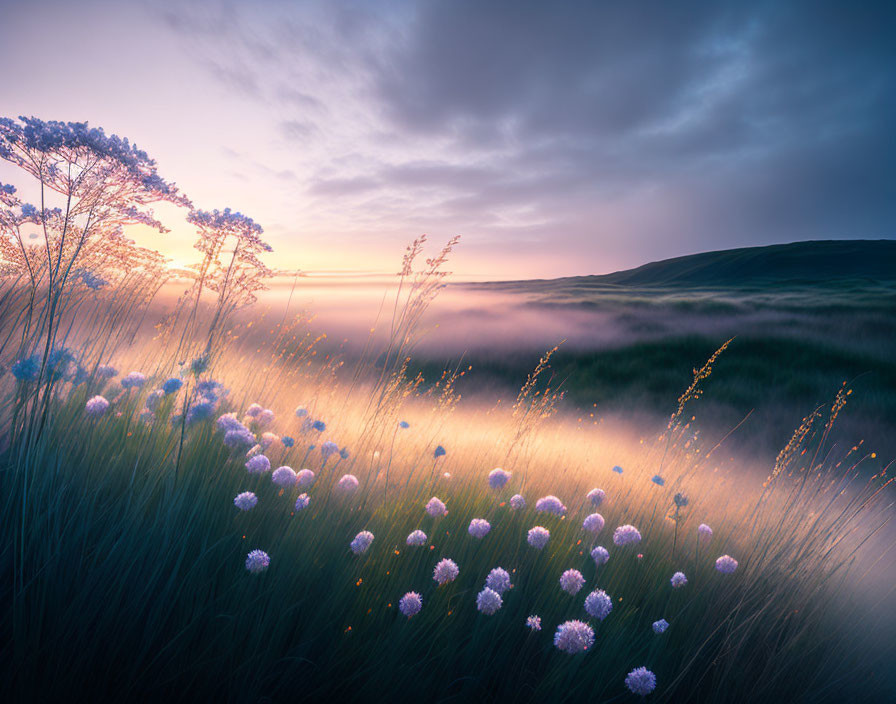 Misty sunrise landscape with flowering meadow and rolling hills