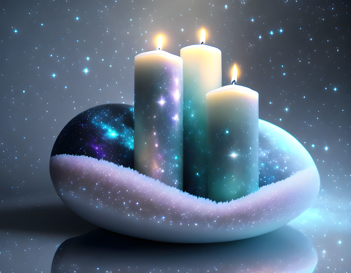 Cosmic design lit candles in spherical holder on starry background