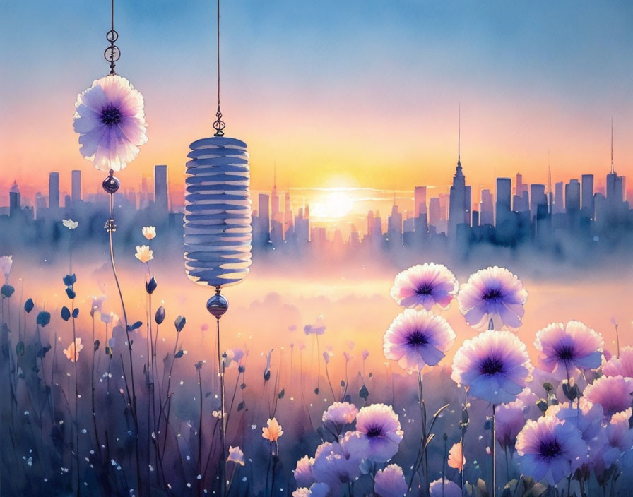 Colorful field of flowers and dreamcatchers with city skyline at sunrise