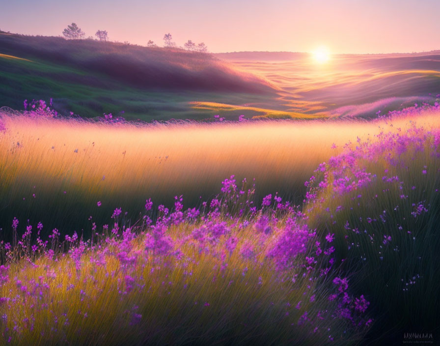 Tranquil sunrise landscape with rolling hills and purple flowers