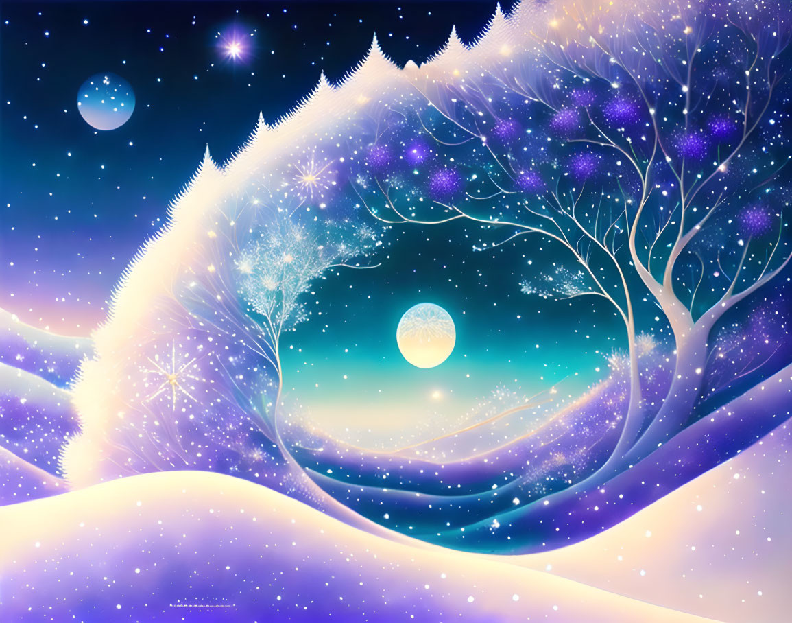 Snow-covered hills under starry sky with glowing trees and central moon