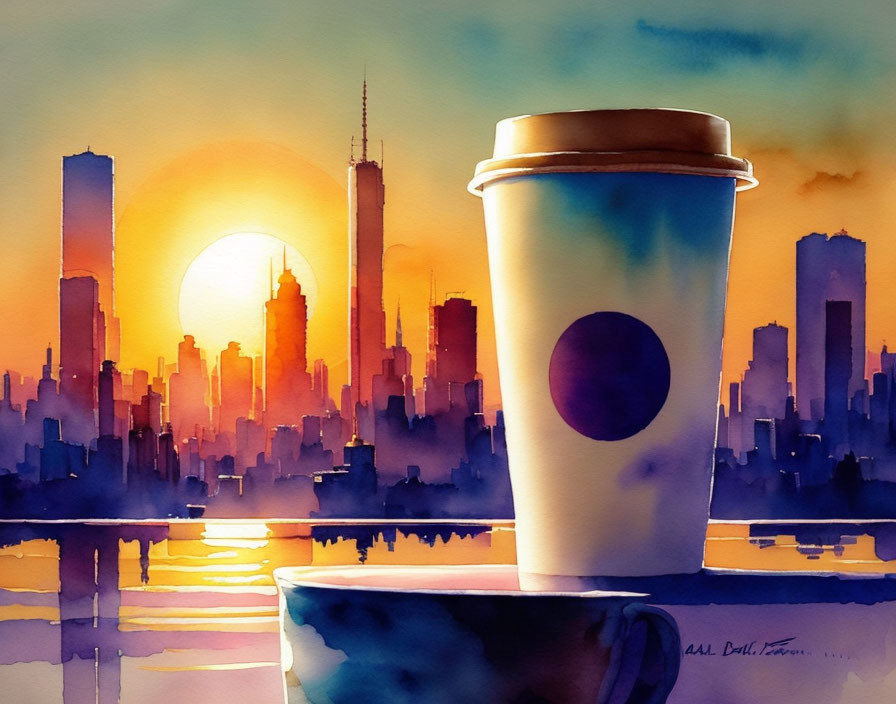 Colorful Watercolor Painting: Coffee Cup Silhouette on Sunset Cityscape