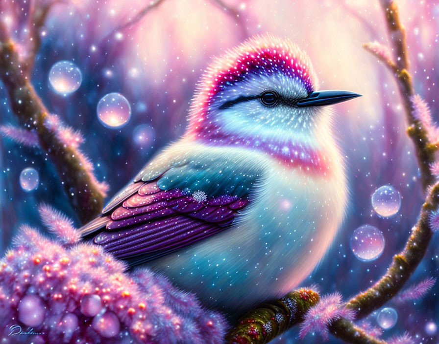 Colorful bird perched on branch in fantasy setting with sparkling orbs