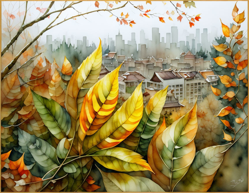 Autumn Painting: Vibrant Leaves Against Cityscape