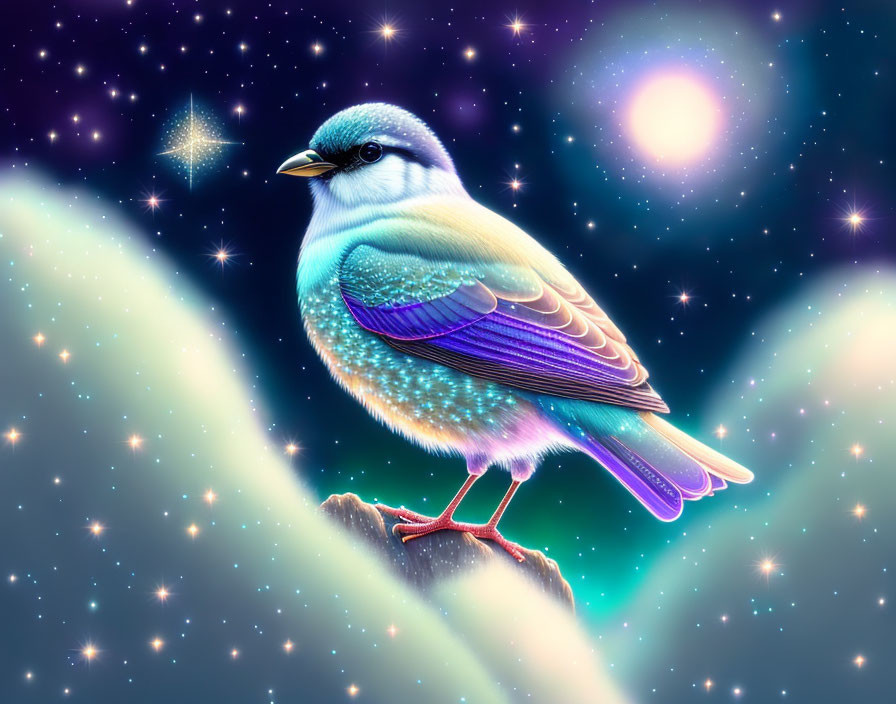 Vibrant bird illustration on cosmic background