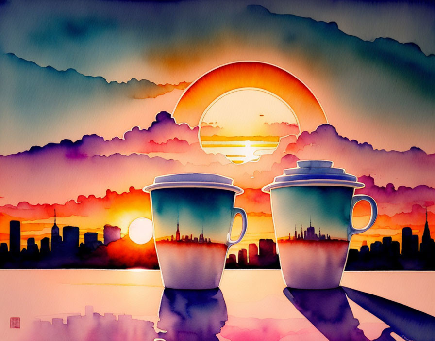 City skyline watercolor painting with coffee cups at sunrise