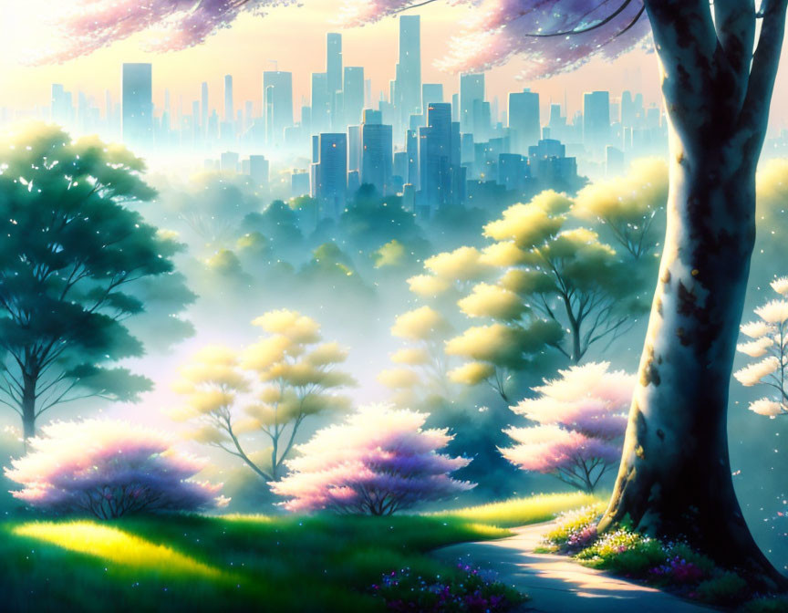 Fantasy artwork: Lush pathway to city skyline in morning haze