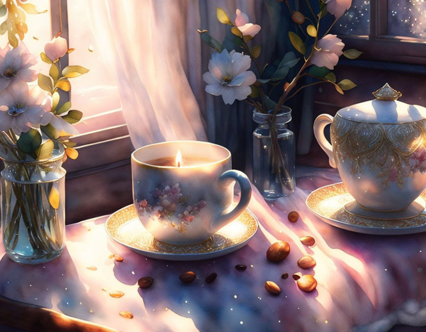 Teacup, Teapot, and Candlelit Table Setting with Sunlight Glow