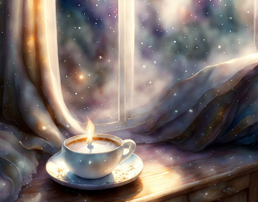 Cozy cup on wooden surface with starry night sky view