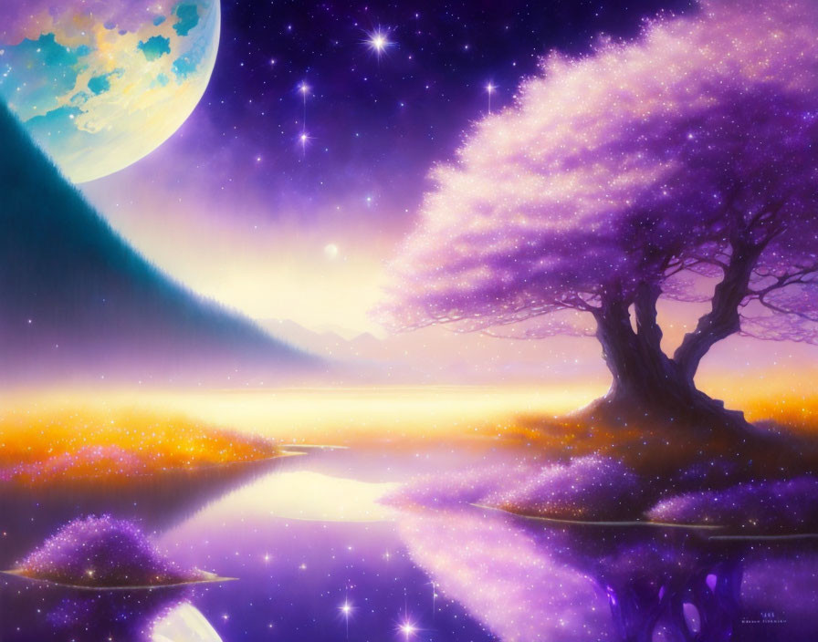 Fantastical landscape with glowing sky, moon, stars, lake, and purple tree