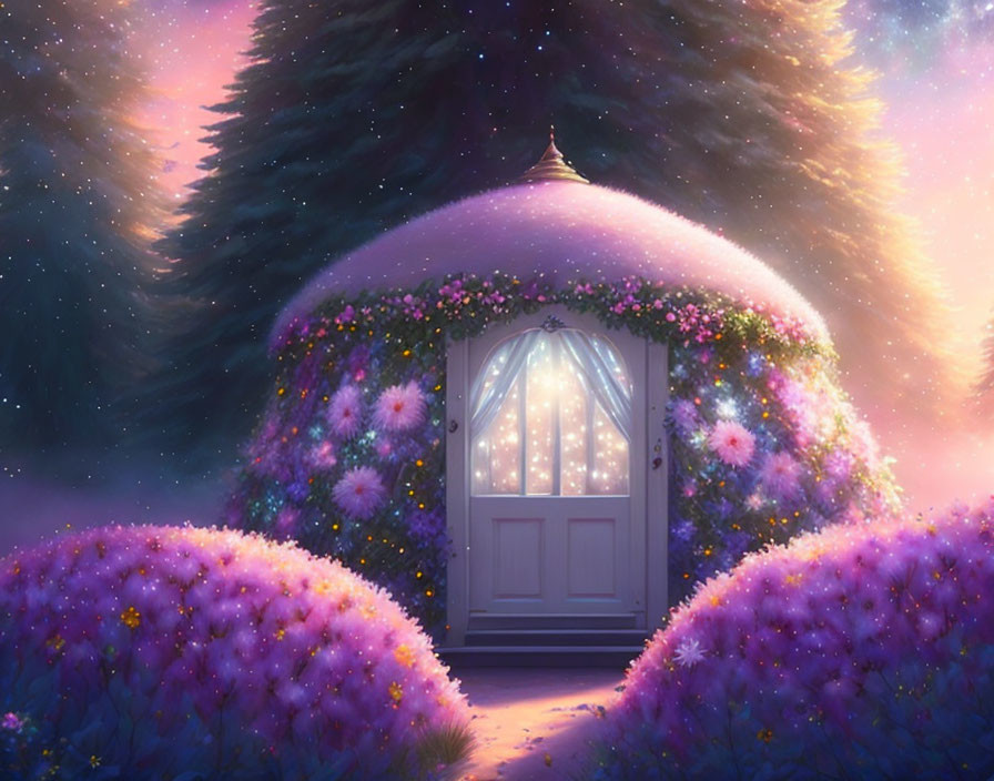 Enchanted cottage with glowing door in twilight garden