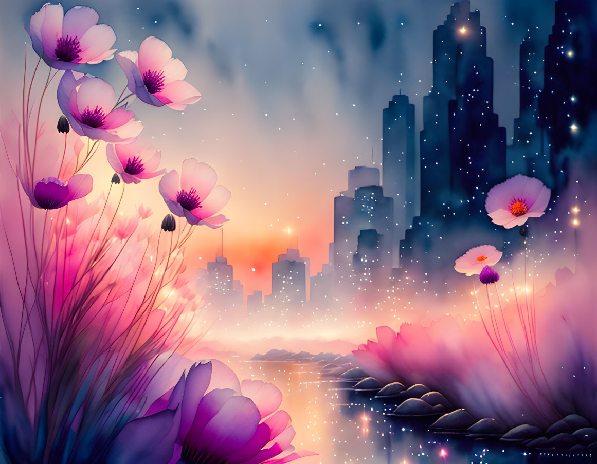 Surreal cityscape digital artwork with twilight glow and pink flowers