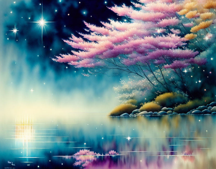 Starry sky over serene lake with luminous tree