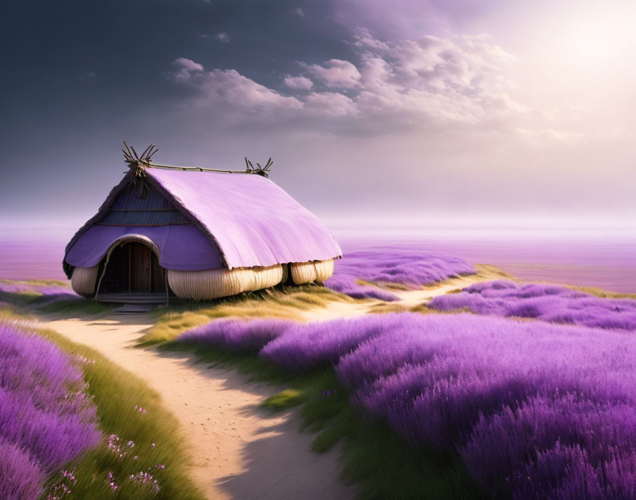 Thatched-Roof Hut in Lavender Field with Purple Sky